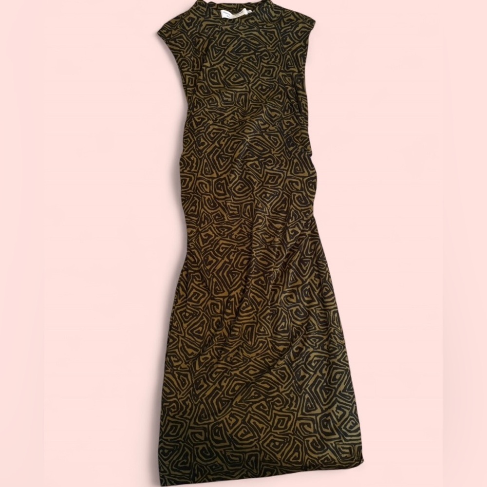 Proenza Schouler Green Black Abstract Stretch Bodycon Dress Mock Neck Size M